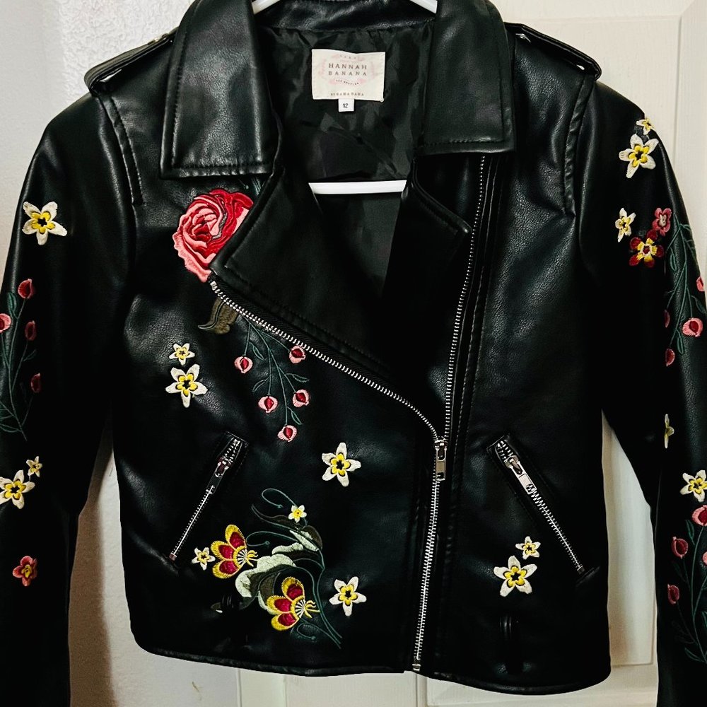 Big Girls Faux Leather Moto Embroidery Jacket Size 12